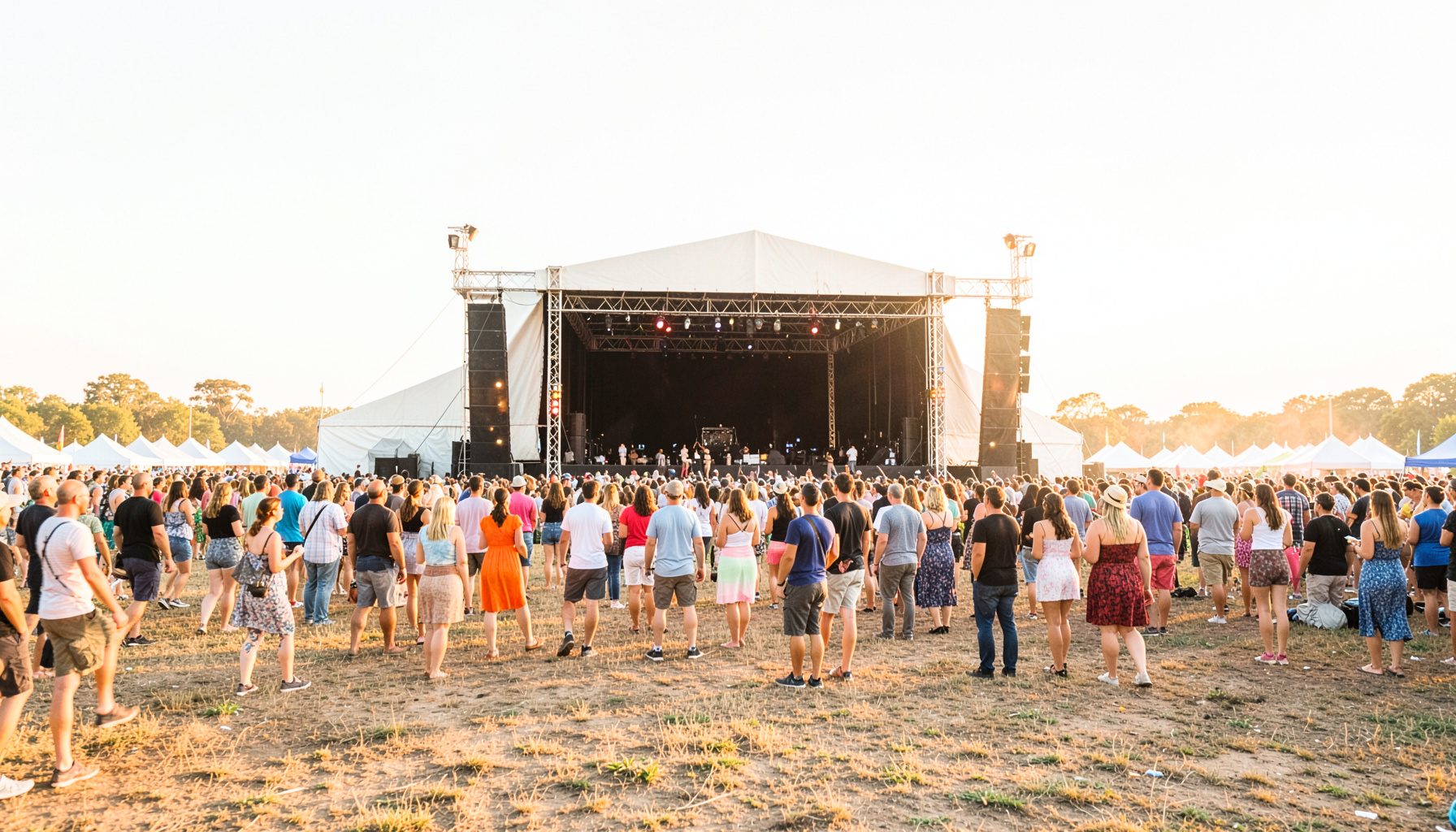 Wide shot of an outdoor festival stage at golden hour, bright sky and warm earth tones, crowd gathered before the performance