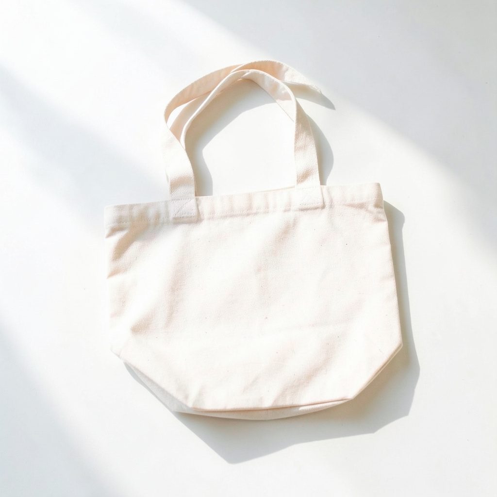 Bright, airy flat lay of a canvas tote bag on a sunlit white surface, soft neutral tones