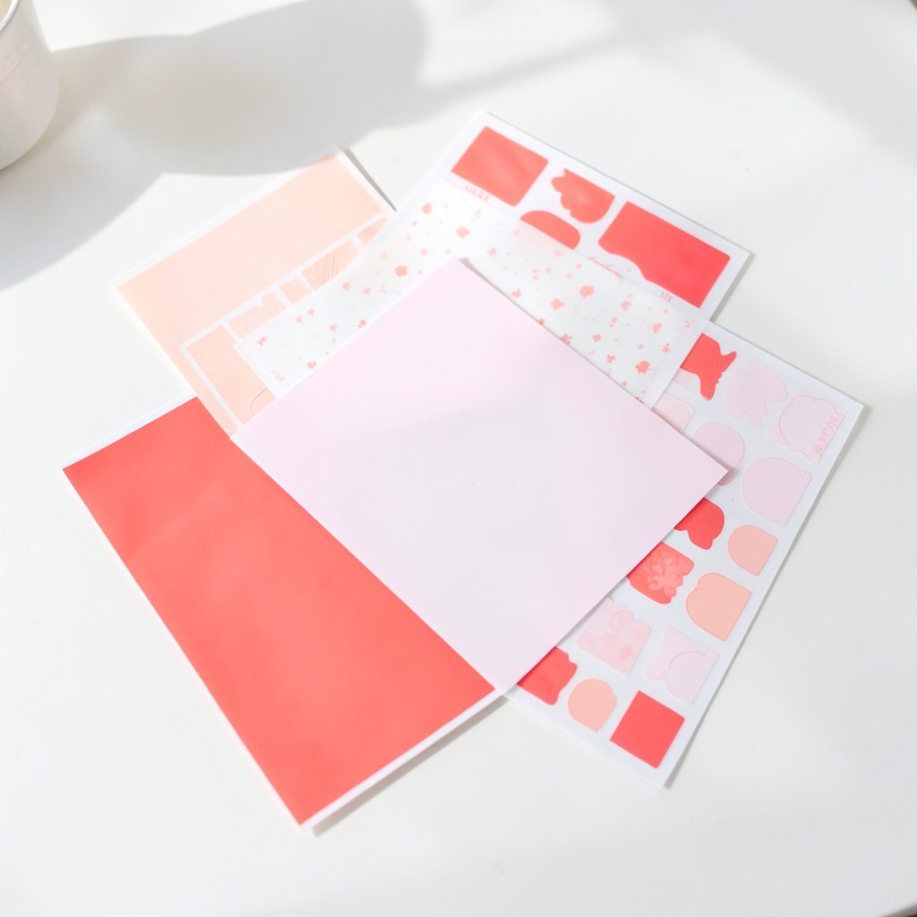 Bright, airy flat lay of vinyl sticker sheets on a sunlit white surface, soft neutral tones