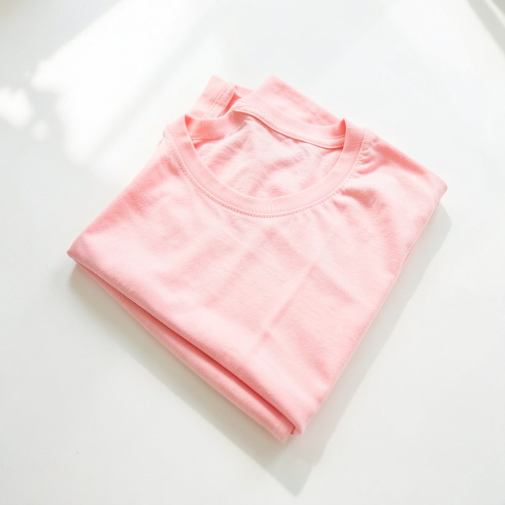 Bright, airy flat lay of a folded band t-shirt on a sunlit white surface, soft neutral tones